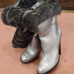 MICHAEL Michael Kors Silver Fur-Trimmed Heeled Boots